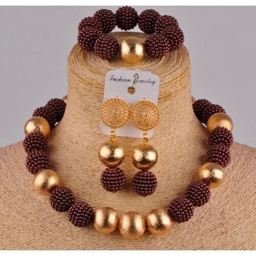 Classic Nigeria Wedding Brown Imitation Pearl Necklace Women Clothing Accessories African Bride Wedding Jewelry Set AZ-111