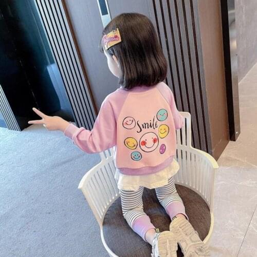 2021 Spring Autumn Children Girls Casual Clothing Sets Fashion Smile Face Pullover Sweatshirt+Striped Legging Two Piece Outfits
