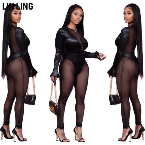 LINLING Sexy Fashion Screen Perspective Stitching Crew Neck Comfortable Jumpsuit Nightwear