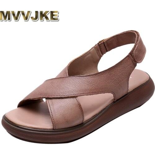 MVVJKE Fashion Summer Vintage Genuine Leather Platform Sandals for Women 2020 Hook and Loop Cross Strap Flat Sandals Woman