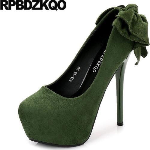 Pumps Gray Ladies Suede 14cm Bow Green Platform Shoes Size 4 34 Stiletto High Heels Stripper 12cm 5 Inch 2018 Catwalk Fetish
