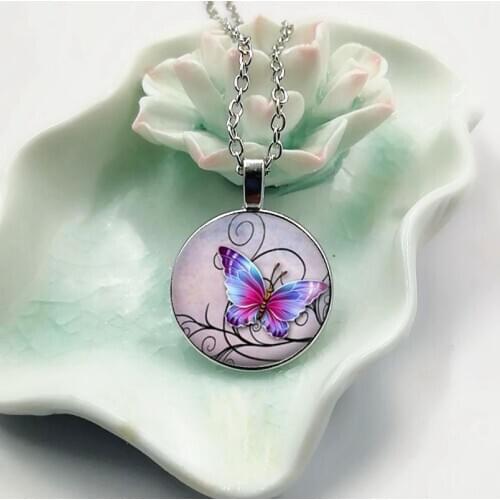 New exquisite purple butterfly art specimen pendant necklace glass antique bronze necklace woman