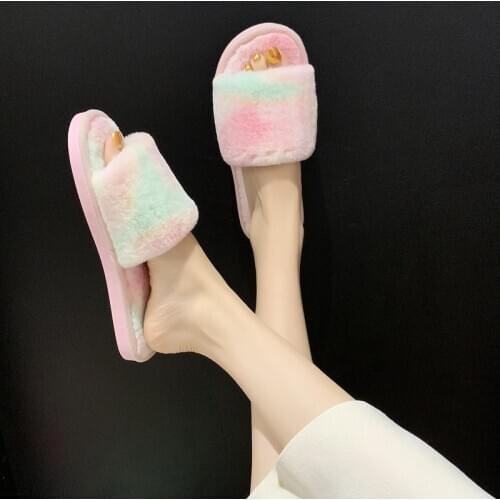 Rainbow color cotton slippers plush shoes female home indoor warmth cute plush velvet non-slip soft bottom home autumn slippers