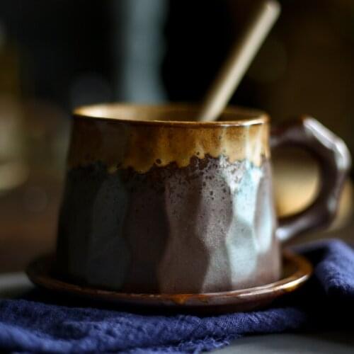 Retro Stoneware Mug Coffee Cup Large Capacity Breakfast with Spoon Kiln Change Cup Vintage Handmade Mugs Breakfast Kitchenware