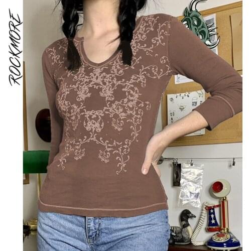 Rockmore Brown Vintage Print T-shirt Women Casual Long Sleeve Top Aesthetic Autumn Graphics Tee Shirt 90s Grunge Clothes