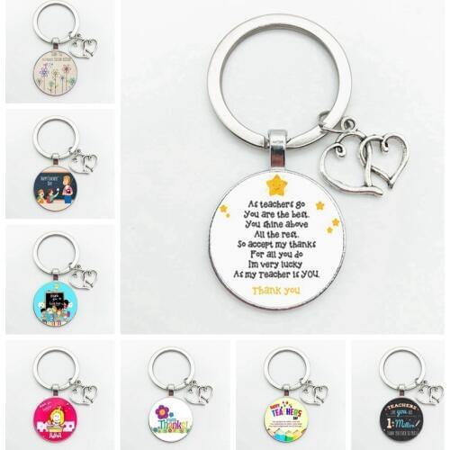 Thank You Teacher Text Love Keychain Charm Glass Crystal Pendant Keyring Quality Bag Car Key Chain Women Teachers Day Gift