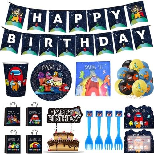 AmongUs Theme Party Decoration Tableware Paper Cup Plate Napkins Gift Bag Banners Baby Shower Balloons Kids Party Favor Supplies