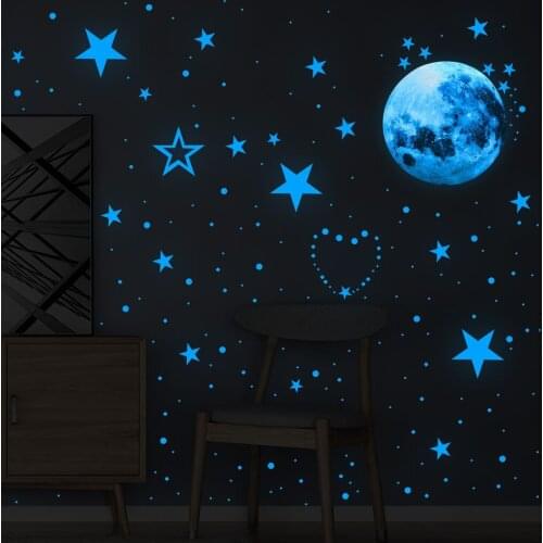 Blue Green Luminous Film Moon Star Dot Meteor Removable Wall Sticker Creative Living Room Bedroom Wall Decoration Sticker