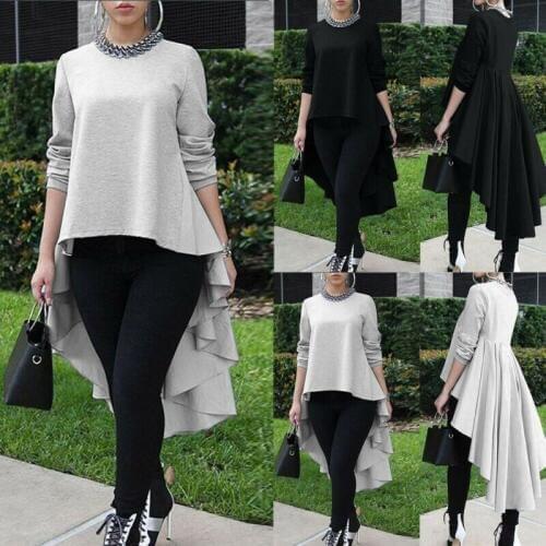 US Womens Solid Style Long Sleeve Waterfall Plus Blouse Lady Frill Asymmetrical Hem Shirt Top High Low T Shirt Black Gary S-2XL