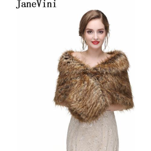 JaneVini 2020 Womens Brown Faux Fur Wrap Wedding Winter Boleros Gray Formal Bridal Wraps Shawl Fur Cape Jackets Bolero Mariage