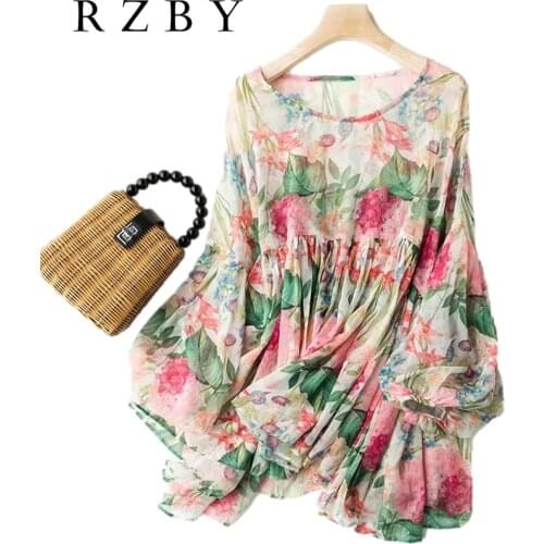 2021 Summer Women Flora Sunscreen Chiffon Blouse O Neck Flare Sleeve Shirts Female Blusas Fahion Plus Size Casual Tops RZBY433