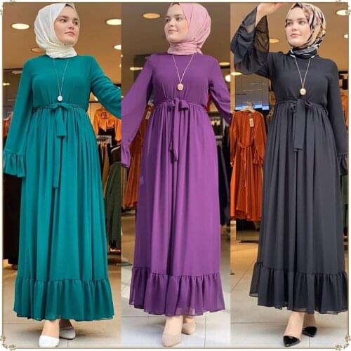 Fresh Bell Sleeve chiffon Long Dress Elegant Solid Muslim Womens Long Sleeve Empire Pleated Swing Maxi Dresses HB543