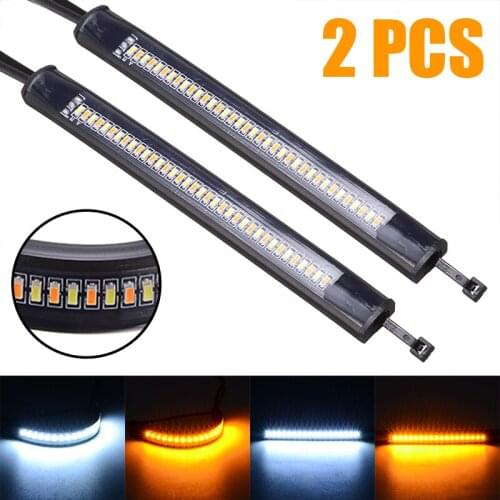 2pcs LED Motorcycle Amber Turn Signal Light White Day-time Running Lamp Moto Flasher Ring Fork Strip Lamp Flashing Blinker
