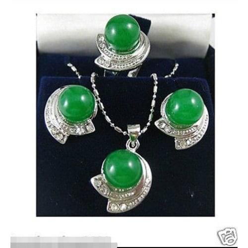 Free shipping@@@@@Silver Plated green Natural stone crystal earrings necklace pendant ring set For women