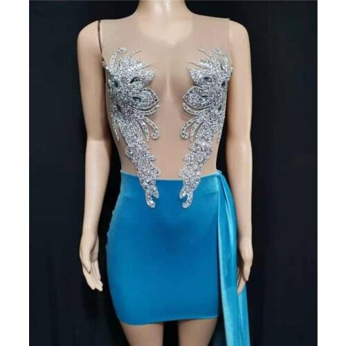 Shining Rhinestone Tassel Dance Costume Sexy Women Elastic Mesh Net Perspective Crystal Dress Singer Dancer Stage Wear Outfit