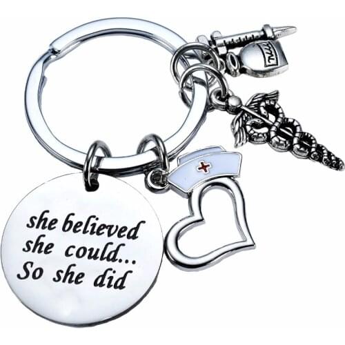 She Believed She Could So She Did Stethoscope Syringe Charms Keychain for Doctor Nurse Physicians Medical Keyring Gifts