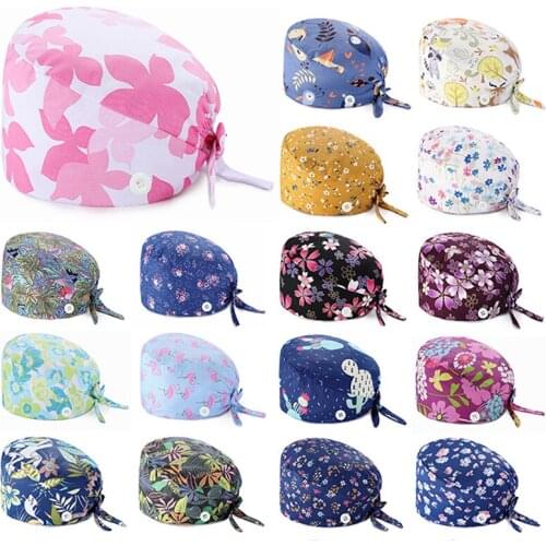 Floral Surgical Cap Fashion Baotou Cap Flower Print Pharmacy Pet Shop Women Doctors Surgical Hat Nurse Doctor Hat Buckle