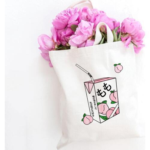 Harajuku Ulzzang Peach Juice Japanses Print Canvas Large Shoulder Bag Vintage Fun Fashion Casual Bags Students' Book Bag