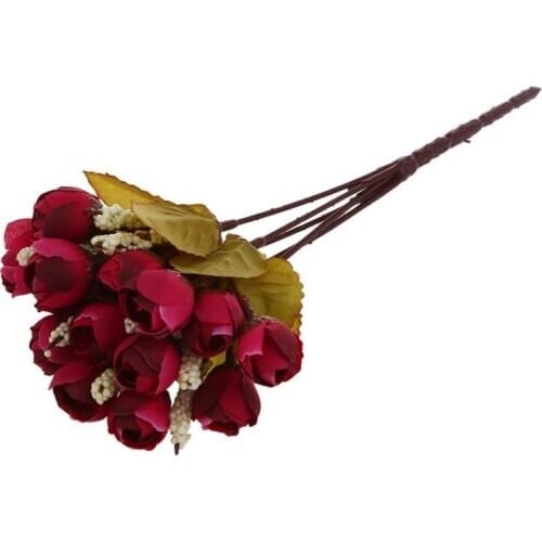 Silk cloth artificial flower 15 heads Mini Rose Home Decor for wedding small roses bouquet decoration (Autumn wine red)