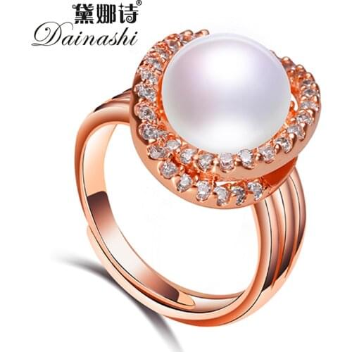 Dainashi Natural Freshwater Pearl 925Sterling Silver Rose Gold Ring Fashion Double Zircon Adjustable Ring Fashion Gift for Women