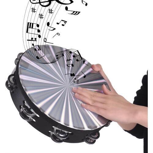 8Inch Wooden Radiant Tambourine Handbell Hand Drum with Double Row Jingles Reflective Drum Head Percussion Instrument MusicalToy