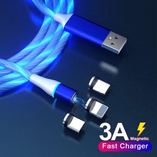 3A Flow Glow Magnetic Cable Micro USB Type C Data Cord Mobile Phone Charger Wire For iPhone 12 11 Pro Max Xiaomi Mi11 Huawei P40