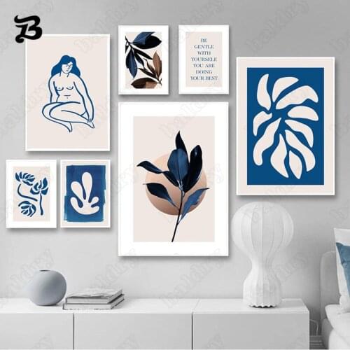 Nordic Modern Blue Canvas Painting Abstract a Woman and Blue Leaves Posters and Prints Wall Art Pictures Living Room Home Decor