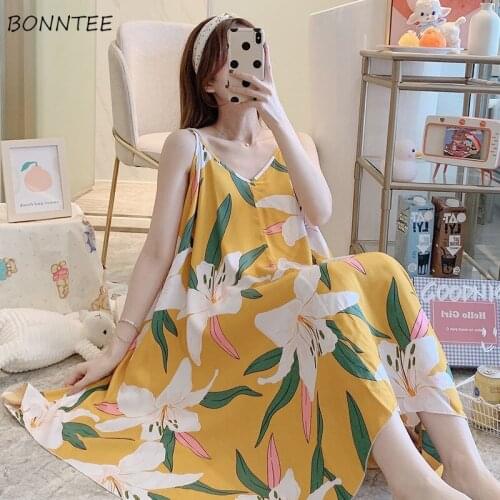 Nightgowns Women Sexy Sleeveless V-neck Breathable Printed Elegant Knee-length Female Sleepwear Various Colors Japanese Style
