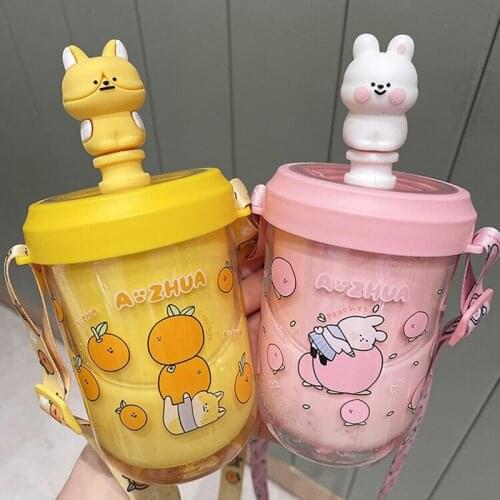New Cute Cartoon Plastic Water Bottles With Straw Portable Clear Frosted BPA Free Water Bottle For Kids Students Drinking Cup