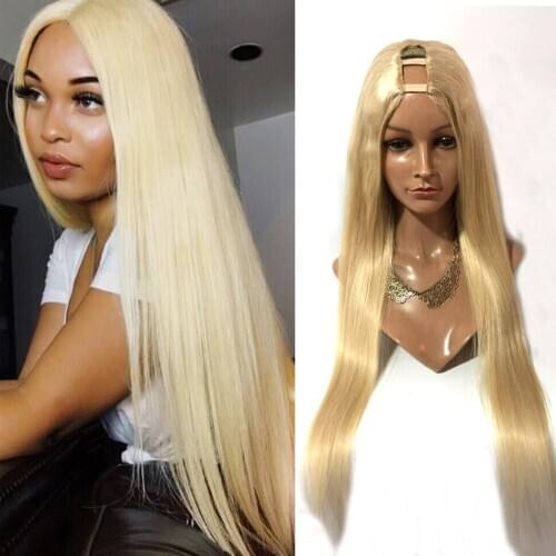 Ash Blonde 613 U Part Wig Human Hair Long Straight European Remy Human Hair Wigs Middle Right Left Upart 1"x3" #613 U Shape Wig