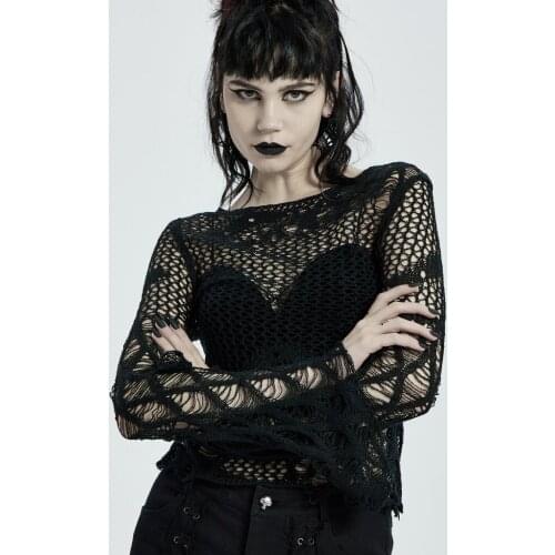 PUNKRAVE Womens Goth Irregular Hollow Short Long Sleeve Sweaters Perspective Thin Broken Hole Fit Knitted Sweater