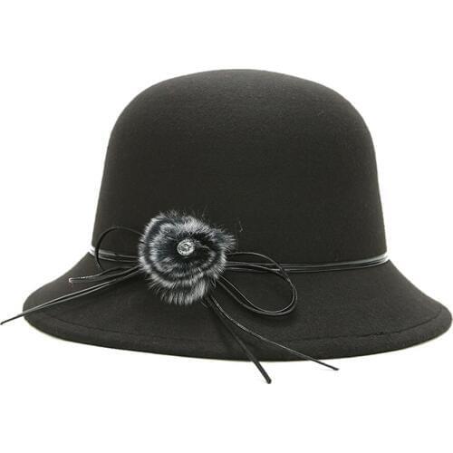 Spring Autumn Felt Fedoras Hats Women Rhinestones Pompoms Bucket Faux Wool Winter Hat for Lady Elegant Casual Headwear Accessory
