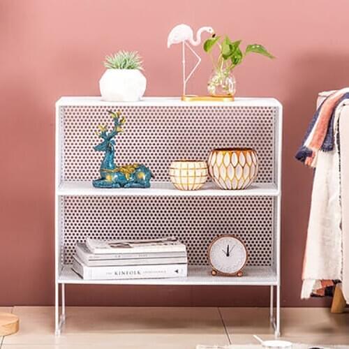 Nordic Golden Iron 2 Layer Grid Rack Book Shelves Creative Metal Hollow Sundries Storage Box for Living Room 63cm Height