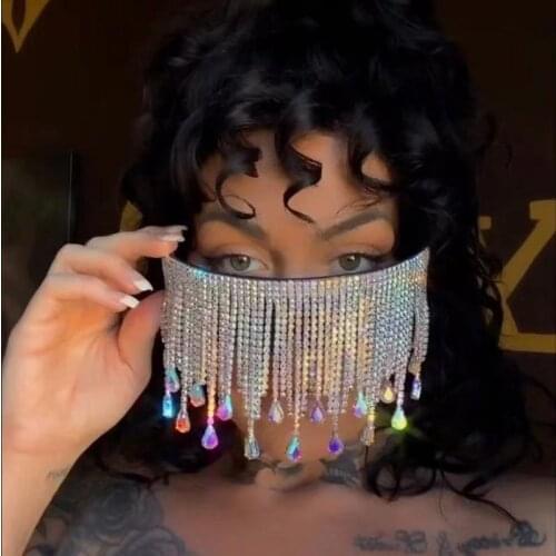 Tassel Crystal Diamond Sun Glasses Mask Steampunk Eye Protection Glasses Shade Oversized Goggles Sunglasses Women Luxury Fsahion