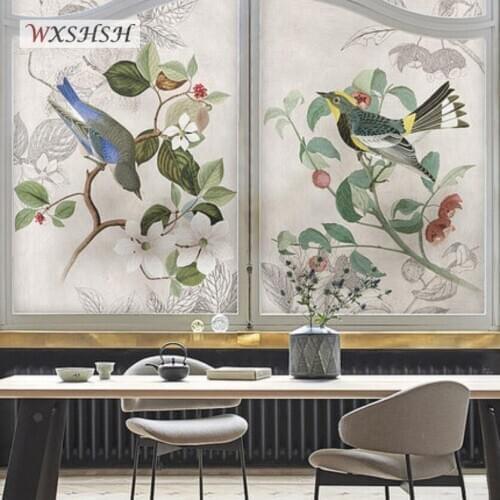 Static Cling Custom Size Window Film PVC Birds and Flower Painting Private Stained Glass Foil For Window Door Partition Cabinet