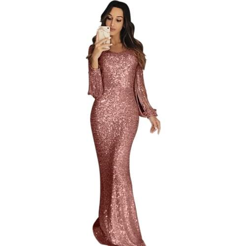 Amazon AliExpress Hot Selling European And American Womens Evening Gown Silver Sequin Tassled Small V-neck Floor-Length Dress