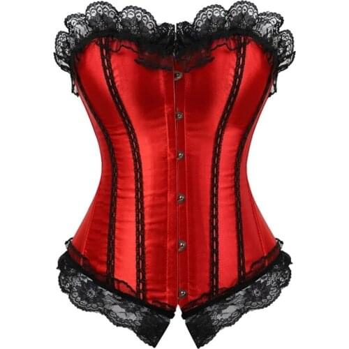 ANDREAGIRL Sexy Satin Lace up Boned Overbust Corset And Bustier With Lace Trim Showgirl Stripe Lingerie Red S-6XL Fashion 8113