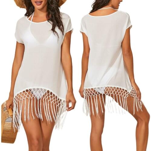 Women Summer Beach T-shirt, Adults See-through Solid Color Short Sleeve Round Neck Fringe Pullover