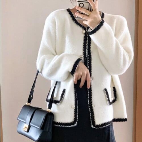Vintage Tweed Jacket Women O-neck Long Sleeve Single Breasted Pearl Button Autumn Winter Womnes Coat Contrast Color White Black