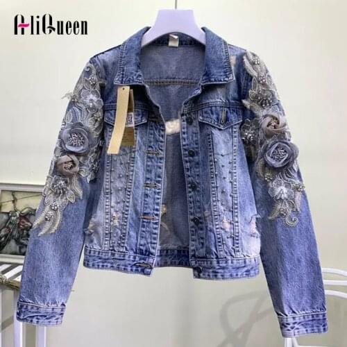 Woman Vintage Beading Lace Floral Embroidered Handmade Denim Coats and Jackets Women Loose Blue Short Jeans Coat Plus Size 3XL