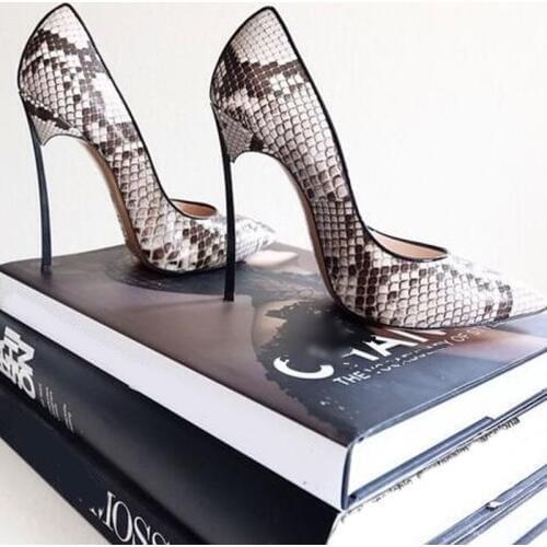 New Snakeskin Pointed Toe Blade Heel Pumps Sexy Python Leather Metal Heels Women High Heeled Party Dress shoes woman