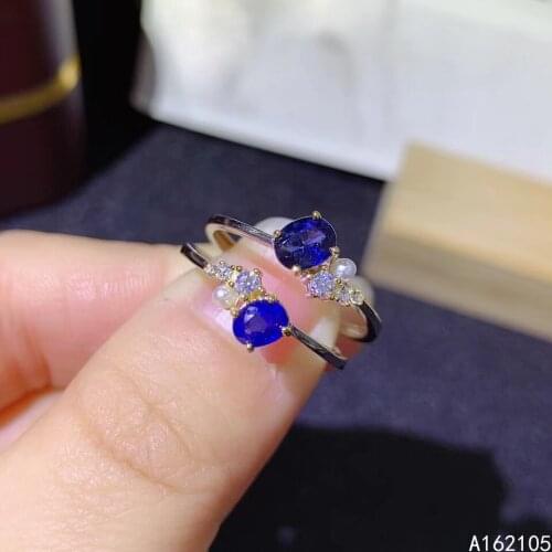 925 Pure Silver Chinese Style Natural Sapphire Womens Luxury Elegant Pearl Oval Adjustable Gem Ring Fine Jewelry Support Detect