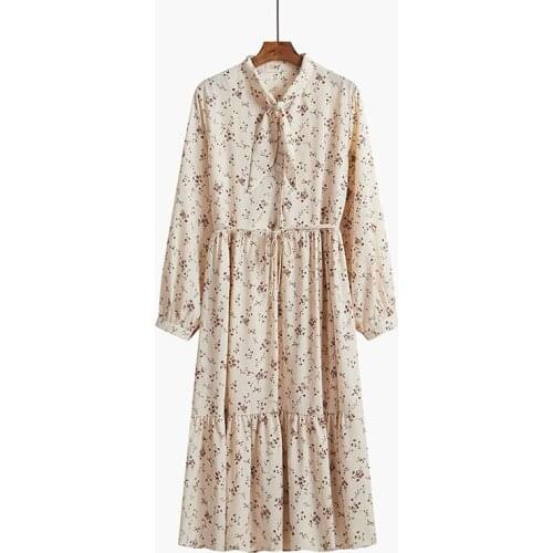 2021 Womens Chiffon Dress Female Vintage Floral Printed Long Sleeve Bow Dresses Spring Autumn Fashion Dresses