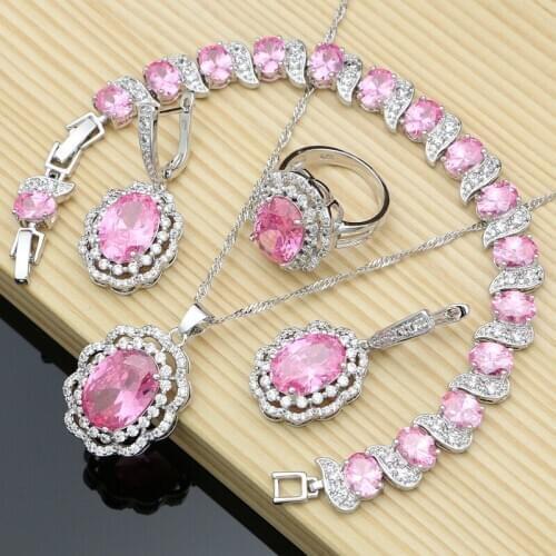 Sexy Woman Party Jewelry Set Luxury Pink Cubic Zirconia 925 Sterling Silver Necklace Earrings Bracelet Cute Fashion Gift for Her