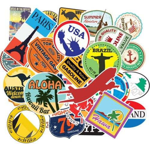 100 Pcs/set Travel Map Country Famous Logo PVC Waterproof Stickers Kids Toys Decor Suitcase Bicycle Car Guitar Skateboard F3