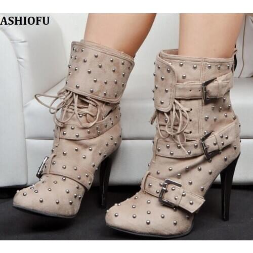 ASHIOFU Handmade Women Ankle Boots Real Photos Buckle Straps Vintage High Heel Boots Party Winter Evening Fashion Boots Shoes
