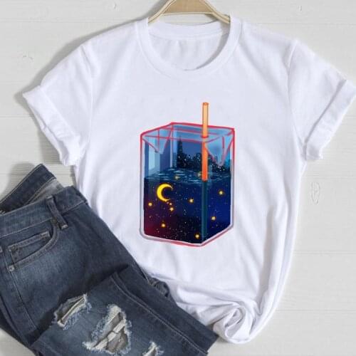 T-shirts Women Moon Star Night Space Fashion 2021 Cute Spring Summer Clothes Stylish Tshirt Top Lady Print Sweet Tee T-Shirt