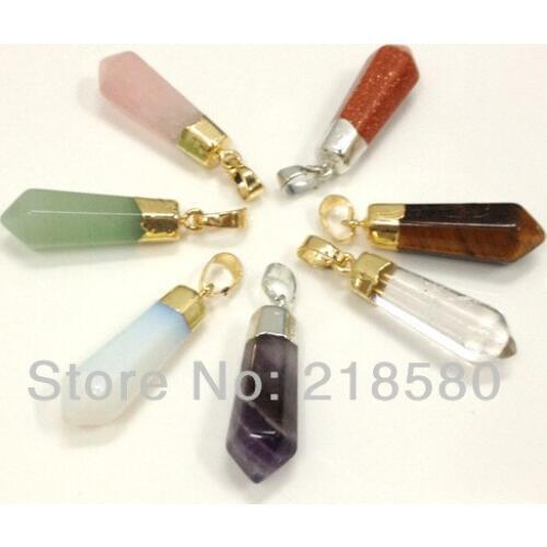 H-PP21 35pcs Healing Crystal Natural Stone Pendant Quartz Opal Point Crystal Pillar Pendant with Gold Or Silver Cap
