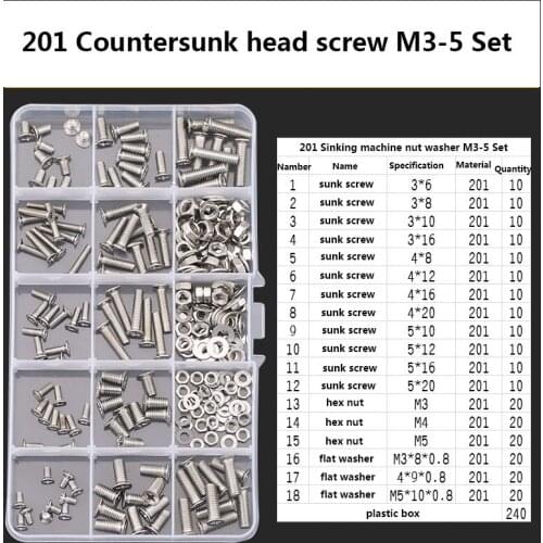 LANEJOY DIY Box Phillips Head Screws6-20mm,M3M4M5 Hex Nuts,Flat Washer,201Stainless steel Countersunk Head Screw M3-5 Set 240pcs