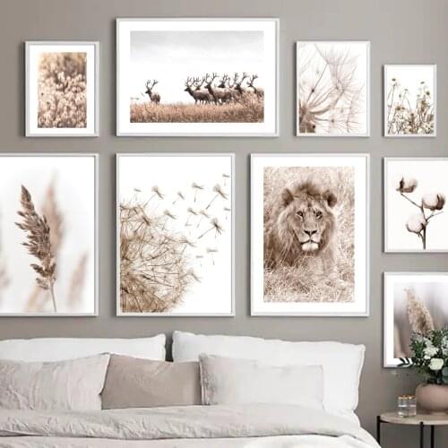 Lion Deer Flower Reed Dandelion Cotton Beige Wall Art Canvas Painting Nordic Posters And Prints Decor Pictures For Living Room